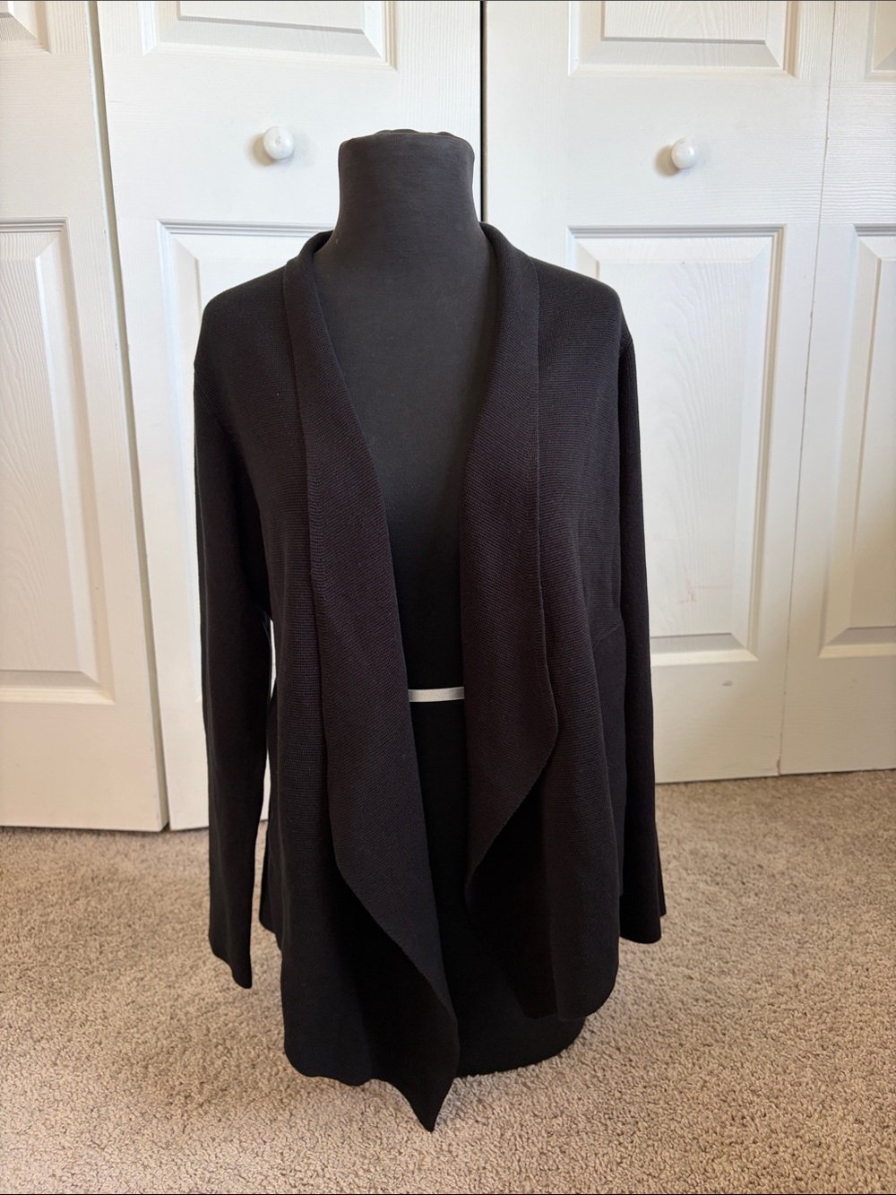 Eileen Fisher Open Front Waterfall Silk Cotton Cardigan Black P L Minimalist